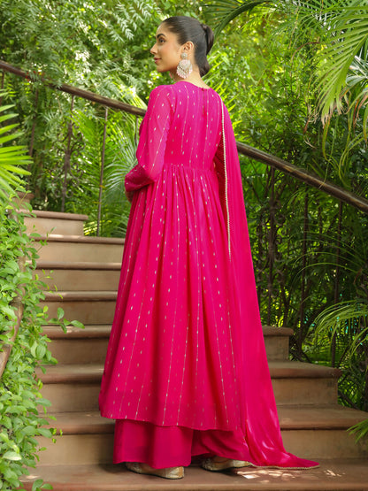 Janasya Pink Georgette Foil Print Kurta,Bottom & Dupatta