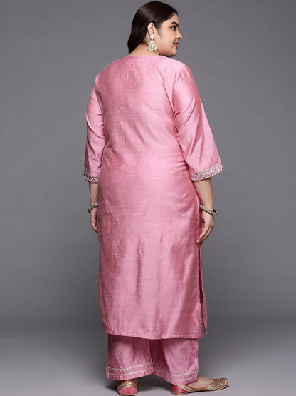 Sztori Plus Size Geometric Embroidered Mirror Work Straight Kurta with Trousers