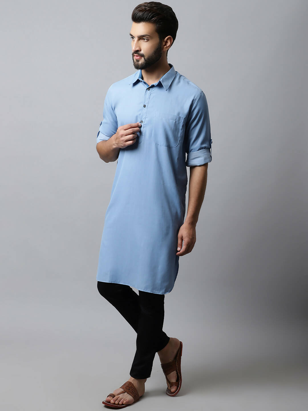 Even Apparels sky Blue Color Pure Cotton Solid Men's Kurta With Shirt Collar (MMS503)