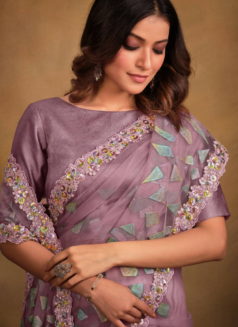 Light Purple Velvet Texture Net Designer Saree with Unstitched Blouse - Norita Mahitha