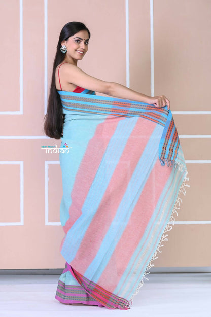 Very Much Indian Traditional Patteda Anchu Ilkal Handloom Saree - Sky Blue