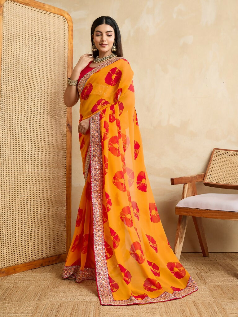Yellow Georgette Printed Designer, Embroidery Work Lace Border Saree - Aarvi