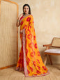 Yellow Georgette Printed Designer, Embroidery Work Lace Border Saree - Aarvi