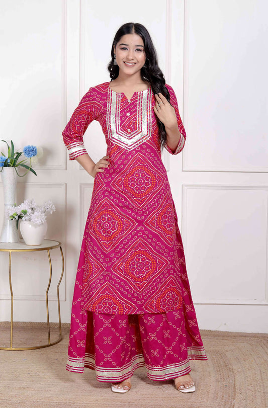 Miravan Women's Pink Bandhani Printed Straight Kurta with Palazzo & Dupatta