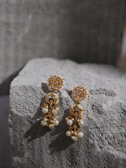 Gold-Toned White Pearl Beaded Contemporary Gold-Polished Jhumkas Earrings - Ruby Raang