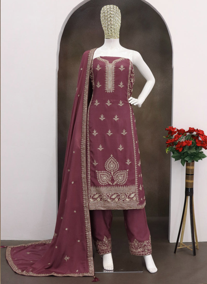 Vegaa Fashion Dark Peach Chinon Silk Embroidered Designer Salwar Suit
