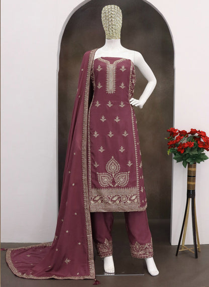 Vegaa Fashion Dark Peach Chinon Silk Embroidered Designer Salwar Suit