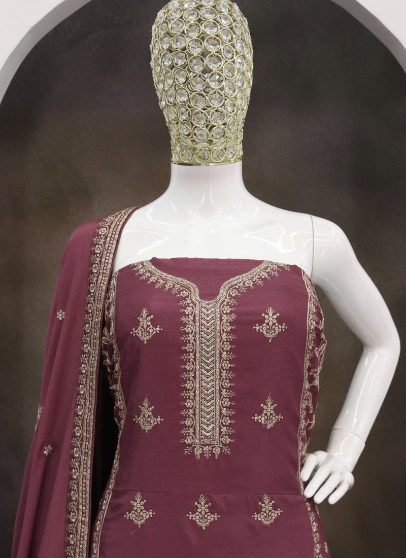 Vegaa Fashion Dark Peach Chinon Silk Embroidered Designer Salwar Suit
