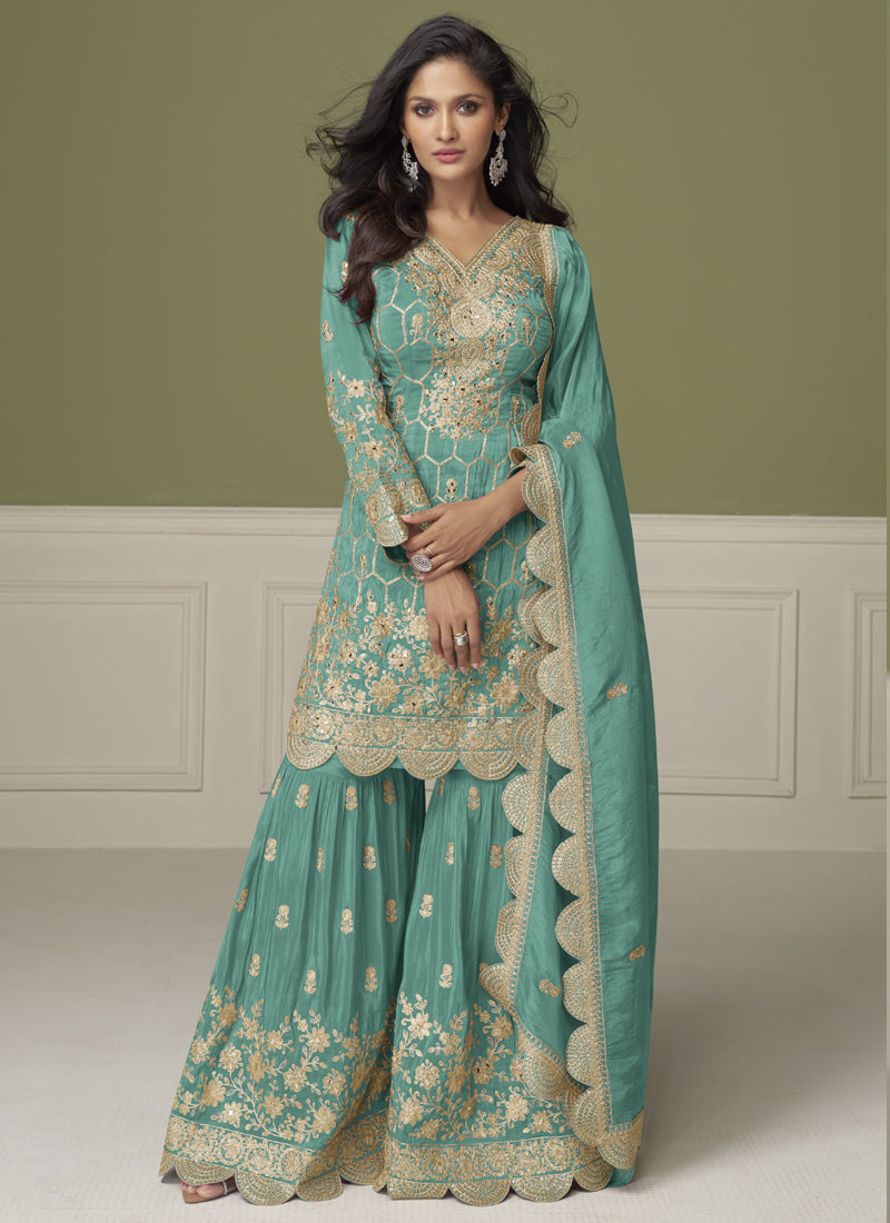Vegaa Fashion Sea Green Simar Silk Embroidered Designer Palazzo Suit