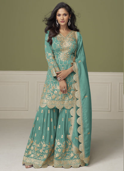 Vegaa Fashion Sea Green Simar Silk Embroidered Designer Palazzo Suit