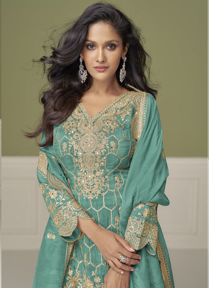 Vegaa Fashion Sea Green Simar Silk Embroidered Designer Palazzo Suit