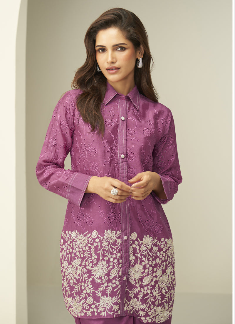 Vegaa Fashion Onion Pink Chinon Silk Embroidered Designer Co Ord Set