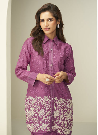Vegaa Fashion Onion Pink Chinon Silk Embroidered Designer Co Ord Set