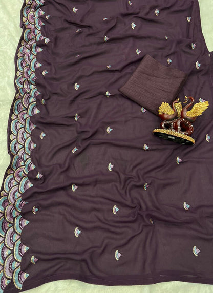 Vegaa Fashion Purple Georgette Embroidered Party Wear Saree