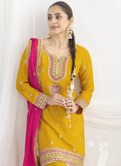 Vegaa Fashion Yellow Chinon Silk Embroidered Designer Salwar Suit