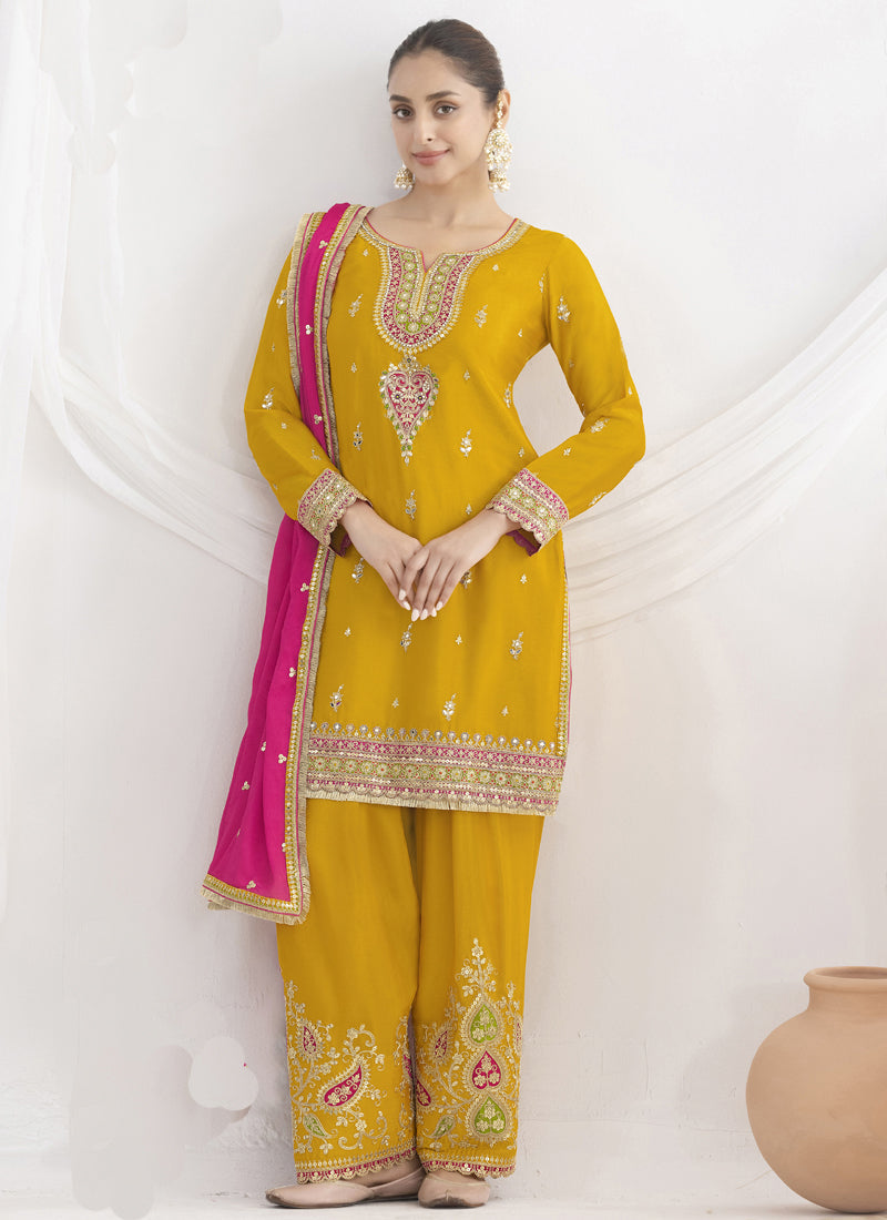 Vegaa Fashion Yellow Chinon Silk Embroidered Designer Salwar Suit