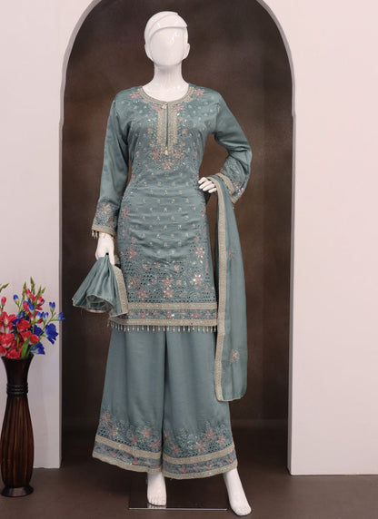 Vegaa Fashion Grey Vichitra Silk Embroidered Palazzo Suit