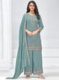 Vegaa Fashion Grey Vichitra Silk Embroidered Palazzo Suit