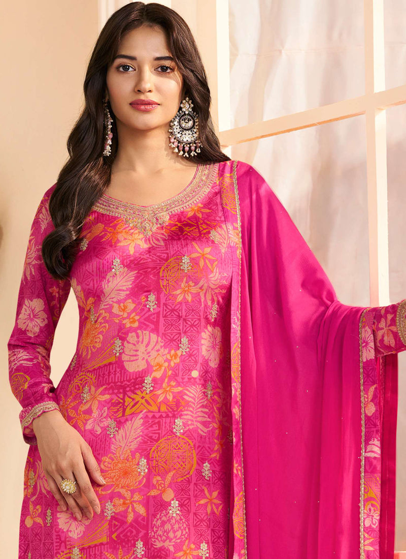 Vegaa Fashion Pink Chinon Silk Embroidered Digital Print Designer Salwar Suit