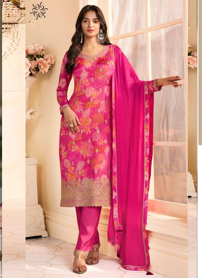 Vegaa Fashion Pink Chinon Silk Embroidered Digital Print Designer Salwar Suit