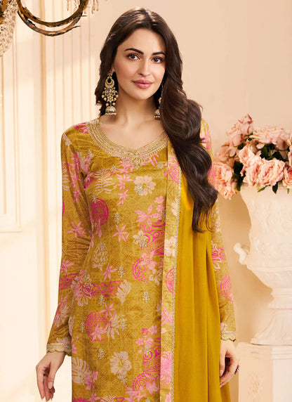 Vegaa Fashion Yellow Chinon Silk Embroidered Digital Print Designer Salwar Suit