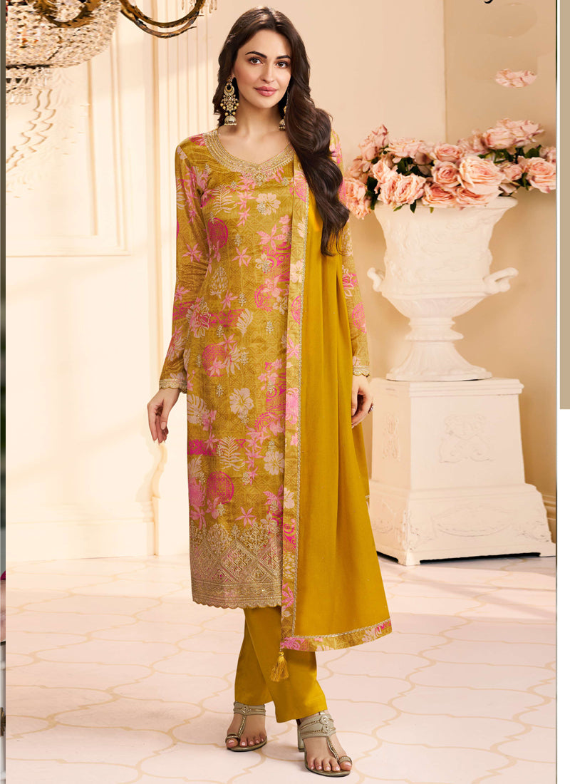 Vegaa Fashion Yellow Chinon Silk Embroidered Digital Print Designer Salwar Suit