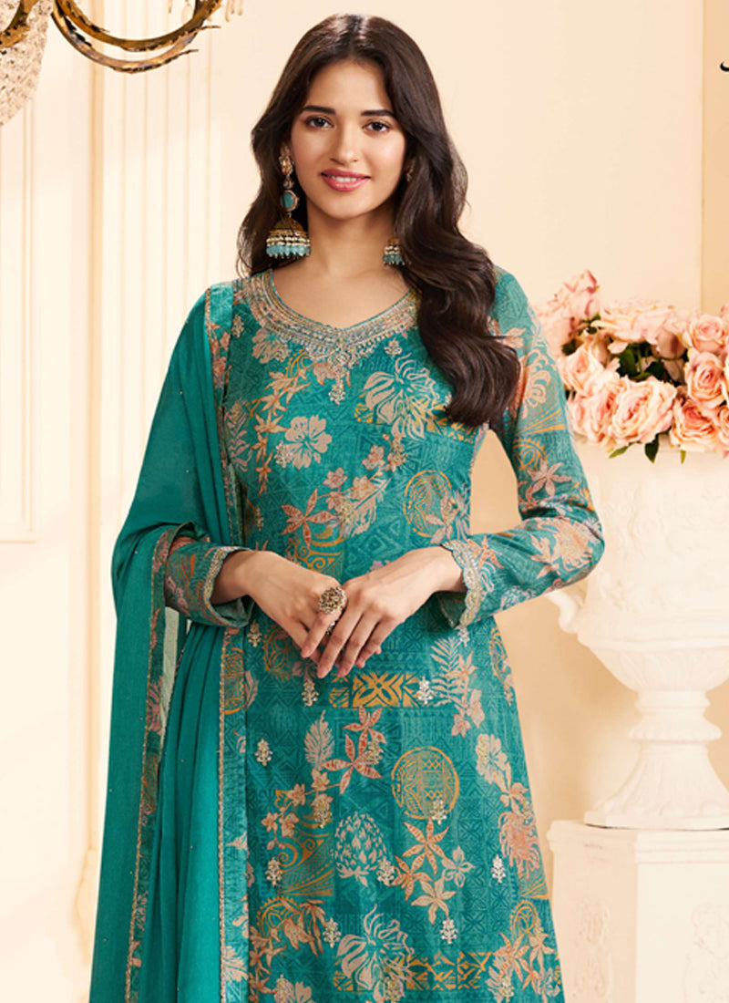 Vegaa Fashion Turquoise Chinon Silk Embroidered Digital Print Designer Salwar Suit