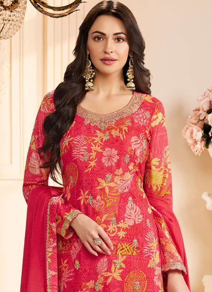 Vegaa Fashion Red Chinon Silk Embroidered Digital Print Designer Salwar Suit