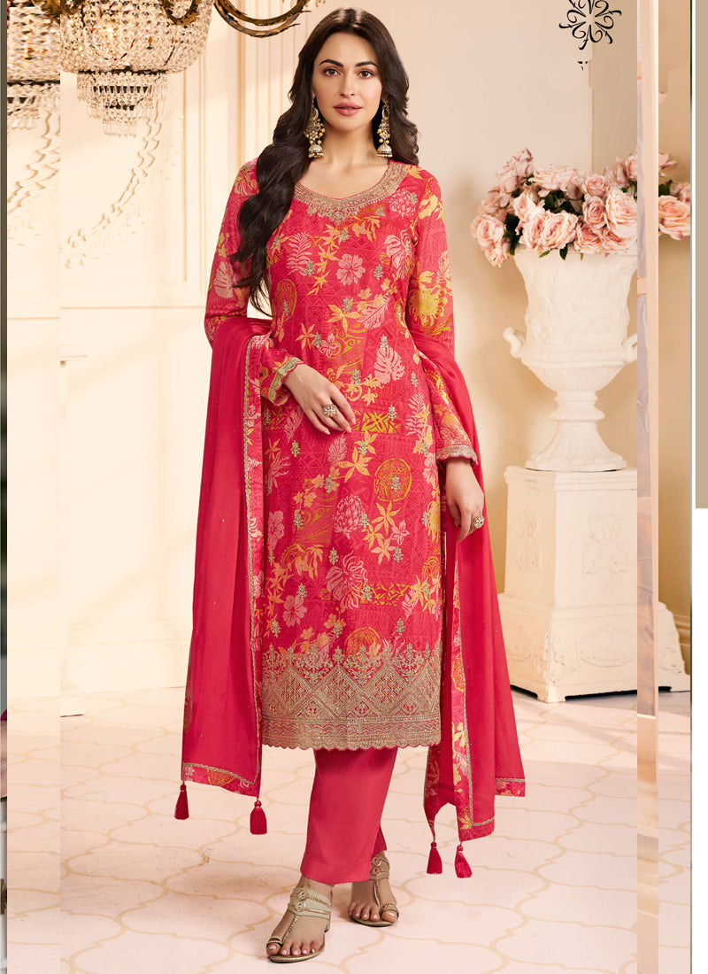 Vegaa Fashion Red Chinon Silk Embroidered Digital Print Designer Salwar Suit