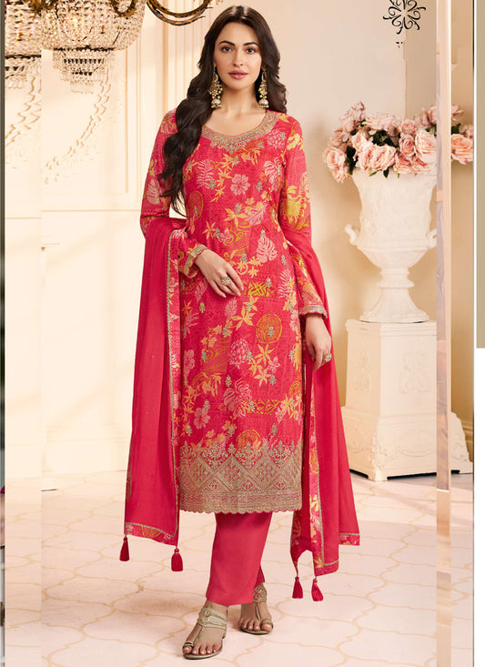 Vegaa Fashion Red Chinon Silk Embroidered Digital Print Designer Salwar Suit