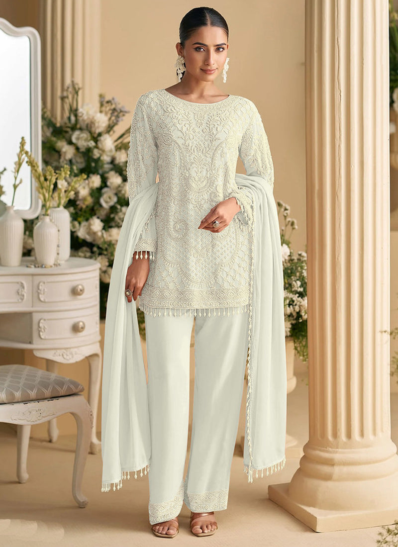 Vegaa Fashion Off White Georgette Embroidered Beads Designer Salwar Suit