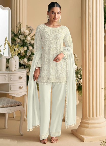Vegaa Fashion Off White Georgette Embroidered Beads Designer Salwar Suit