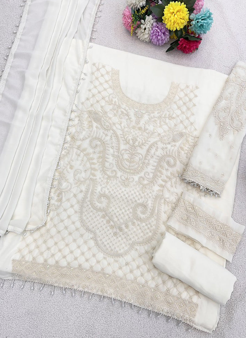 Vegaa Fashion Off White Georgette Embroidered Beads Designer Salwar Suit
