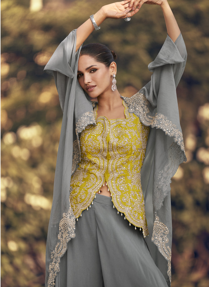 Vegaa Fashion Grey Chinon Silk Embroidered Western Palazzo Suit