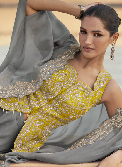 Vegaa Fashion Grey Chinon Silk Embroidered Western Palazzo Suit