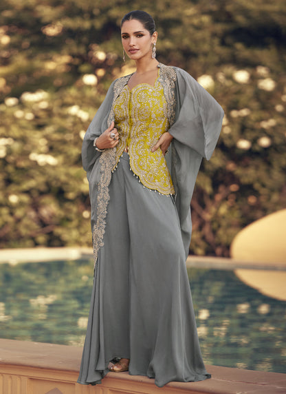Vegaa Fashion Grey Chinon Silk Embroidered Western Palazzo Suit