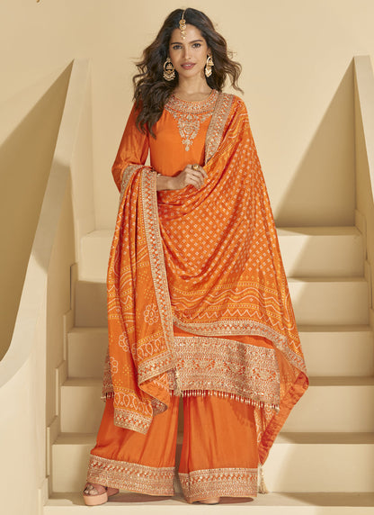 Vegaa Fashion Orange Chinon Silk Embroidered Palazzo Suit