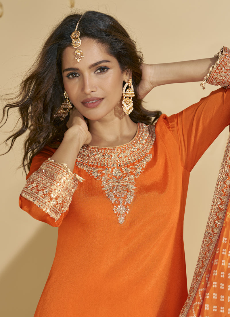 Vegaa Fashion Orange Chinon Silk Embroidered Palazzo Suit