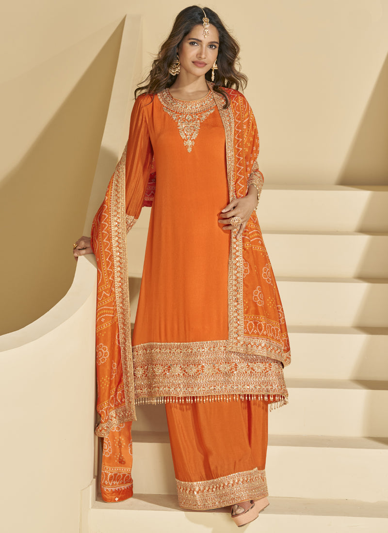Vegaa Fashion Orange Chinon Silk Embroidered Palazzo Suit