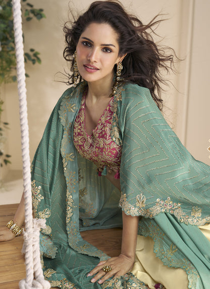 Vegaa Fashion Beige Real Chinon Silk Embroidered Shrug Style Western Suit