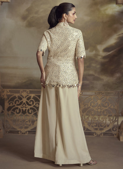 Vegaa Fashion Cream Georgette Embroidered Palazzo Suit
