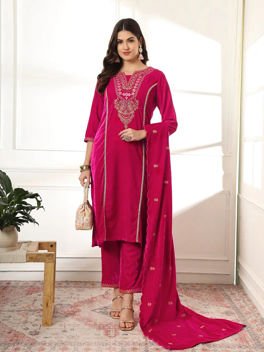 Yufta Velvet Pink Kurta Dupatta Set With Embroidery