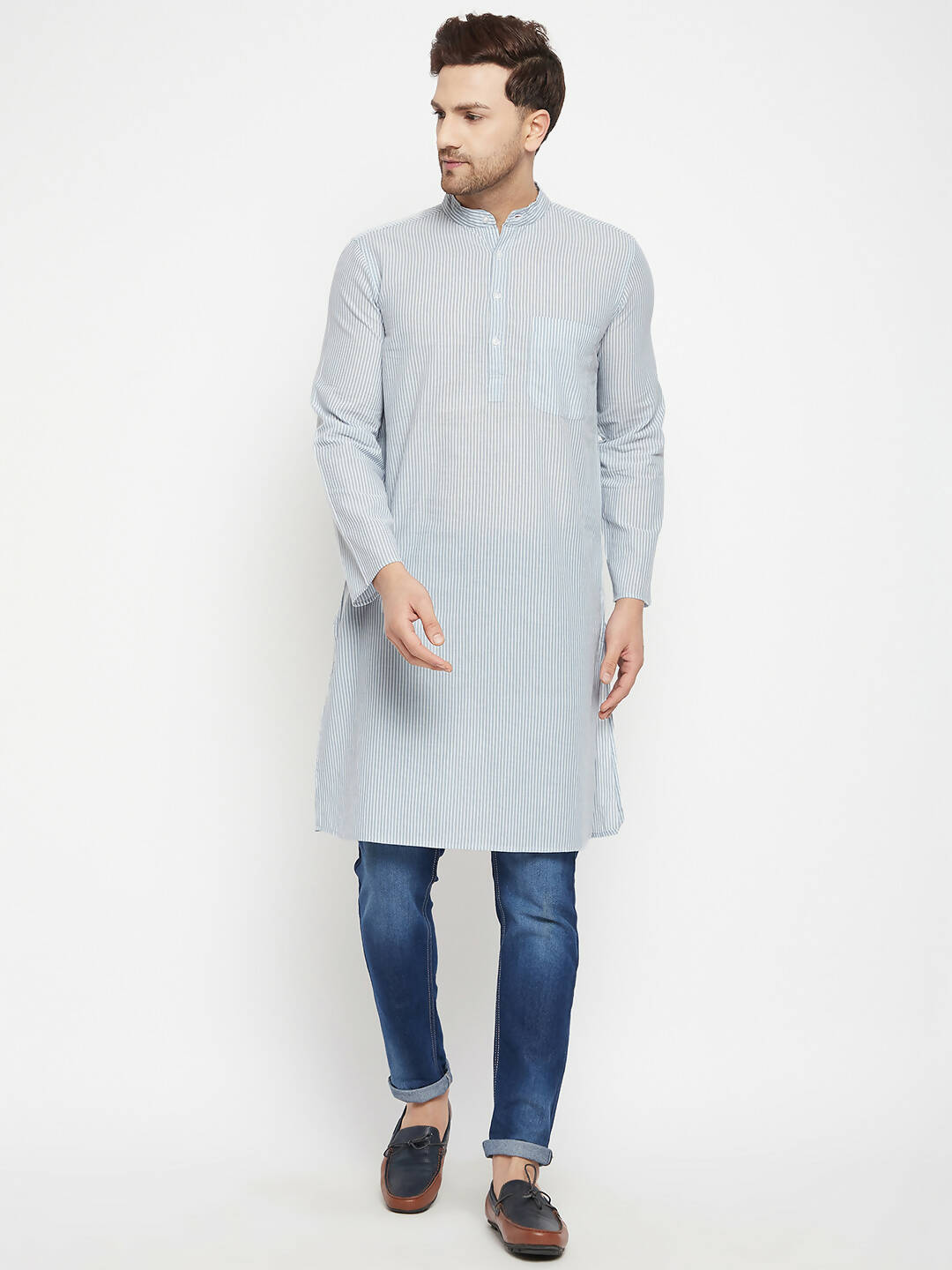 Even Apparels Grey Pure Cotton Men's Long Kurta With Band Collar