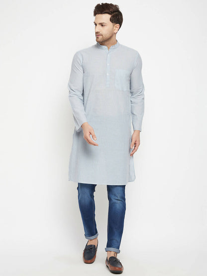 Even Apparels Grey Pure Cotton Men's Long Kurta With Band Collar