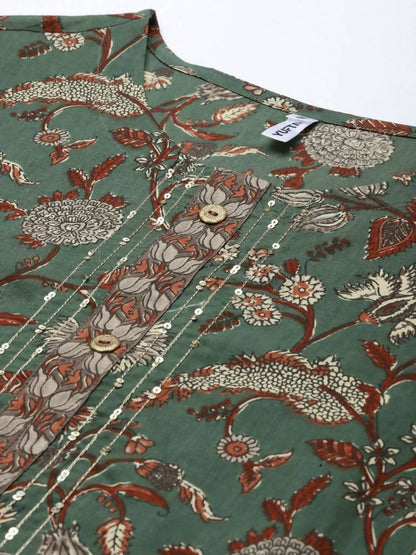 Yufta Women Green and Beige Floral Print Pure Cotton Kurta with Palazzo and Dupatta
