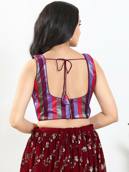 Joban Fashion Wine Multi Brocade Padded Blouse With Square Neck Sleeveless