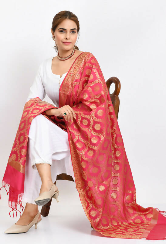 Mominos Fashion Moeza Women's Banarsi Silk All Over Woven Design Pink Dupatta