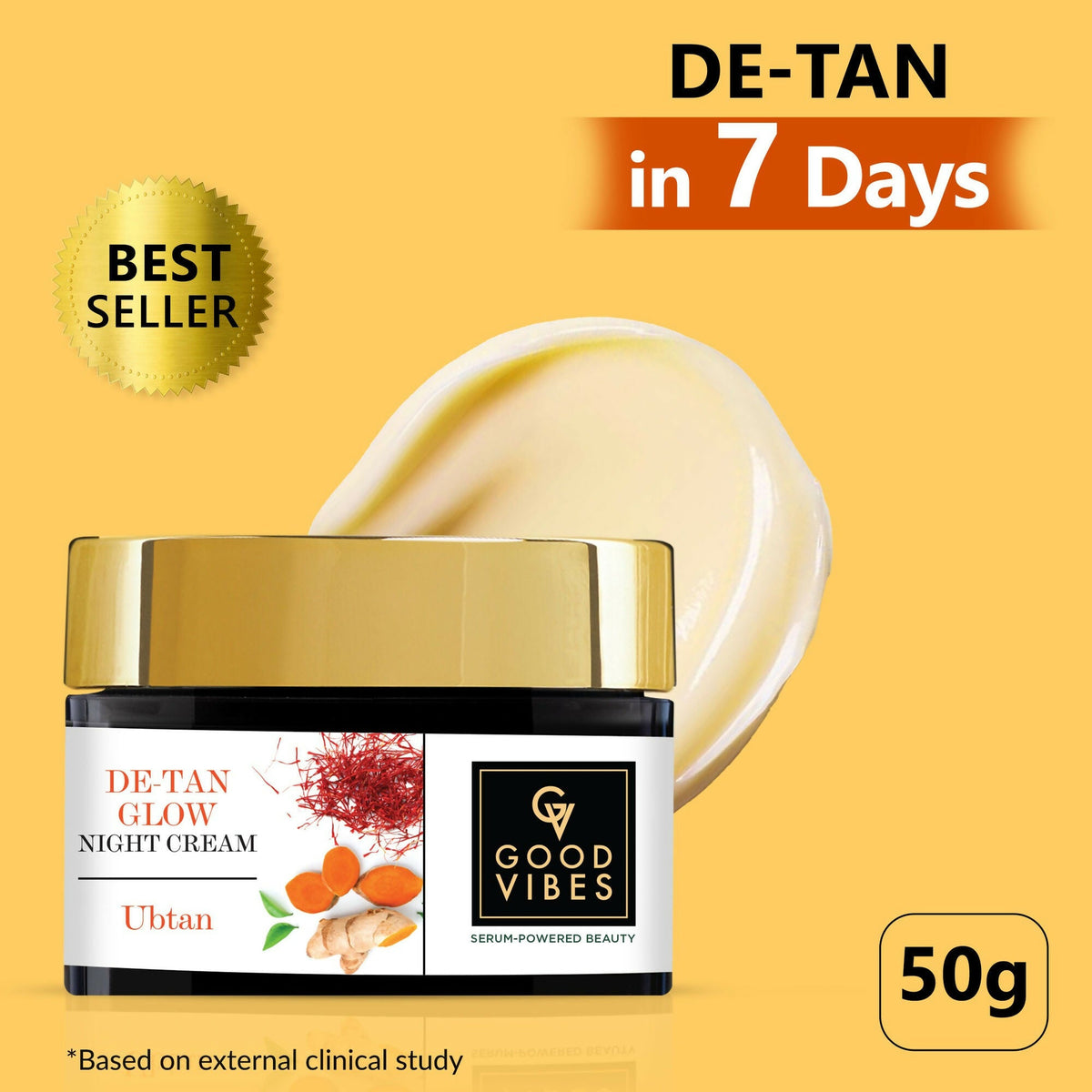 Good Vibes De-Tan Glow Night Cream Ubtan with Power of Serum, Tan free, Brightening, Pigmentation