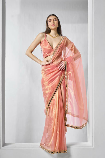 Orange Gold Tissue Net Solid & Gold Cotted Saree - Samaa