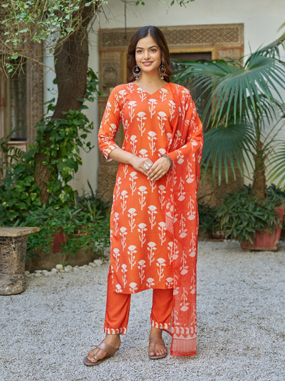 The52 Orange Women's Beautiful Cotton Blend Fabric Printed Work Straight Kurta, Pant and Dupatta Set